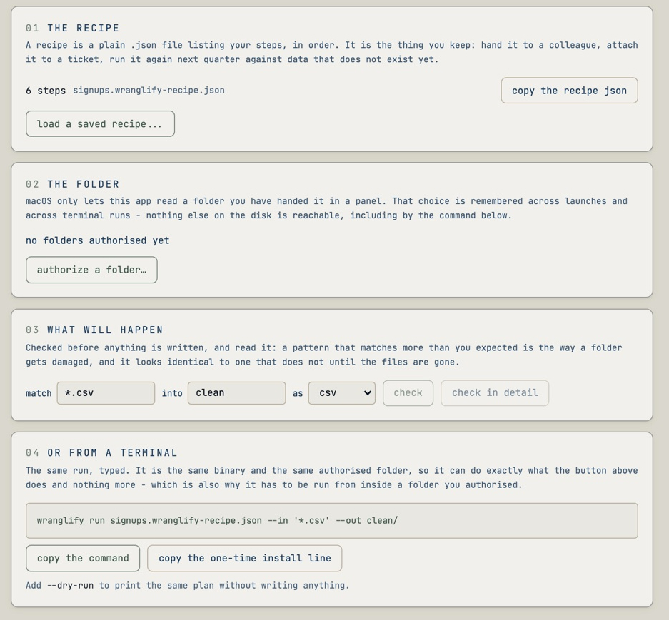 The batch panel: the recipe, the authorized folder, what will happen, and the equivalent terminal command.