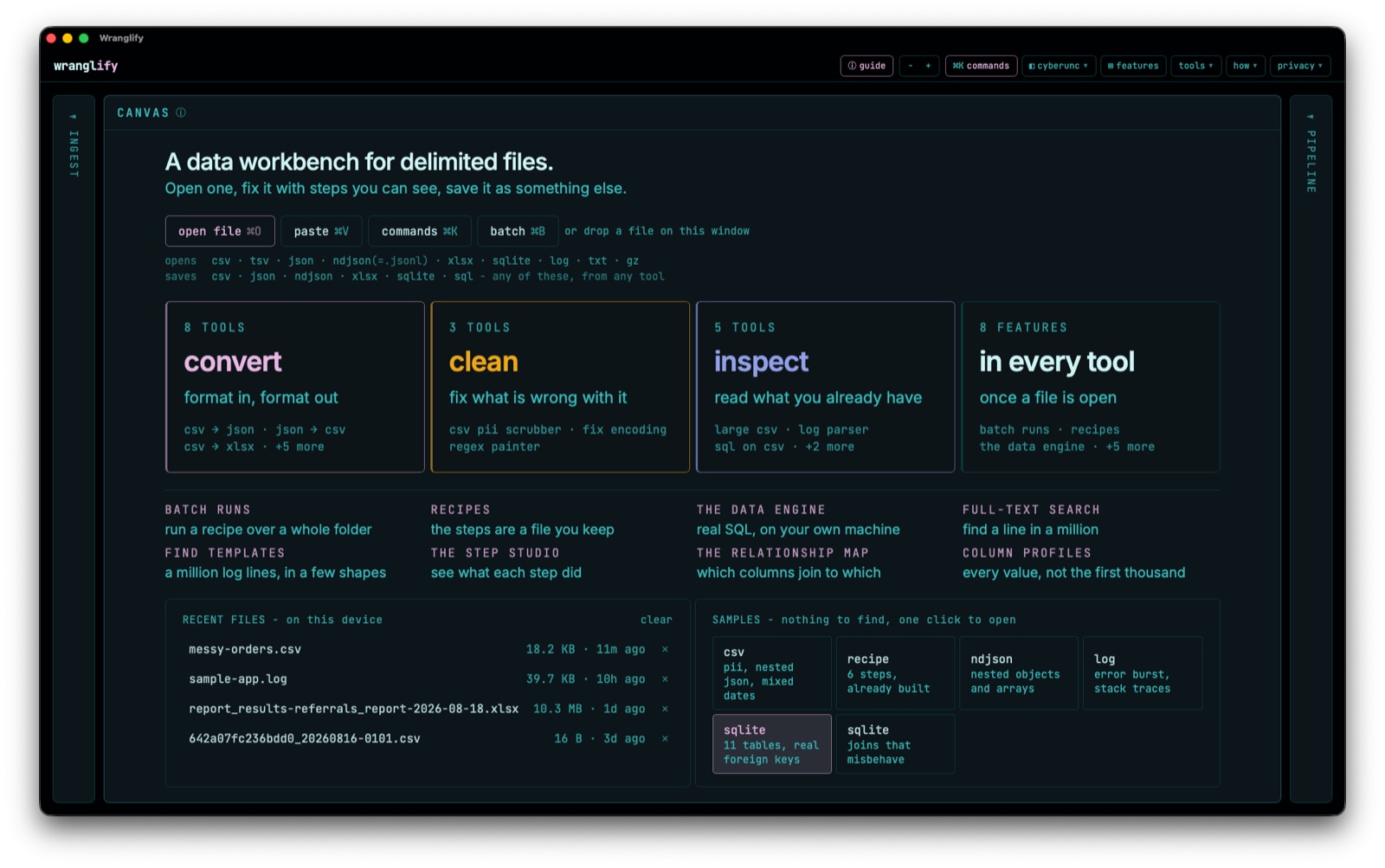 The Wranglify home screen: tools grouped as convert, clean and inspect, recent files, and one-click samples.