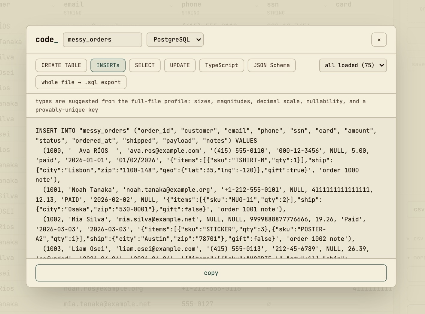 Generated SQL: INSERT statements for a PostgreSQL table, with tabs for CREATE TABLE, SELECT, UPDATE, TypeScript and JSON Schema.